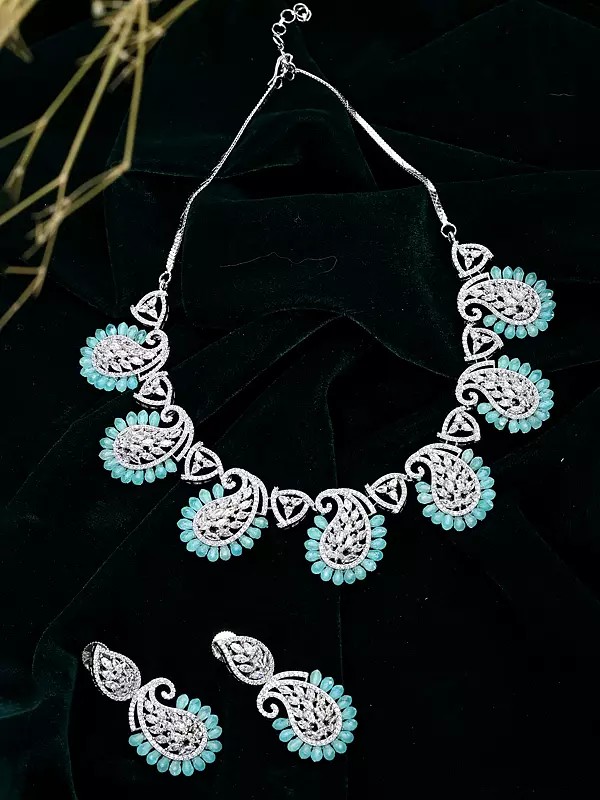 Paisley Design Necklace and Earring Set in Sea Green American Diamonds