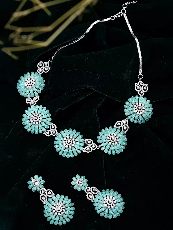 Blue Gemstone Floral Necklace Set with American Diamonds and Matching Earrings