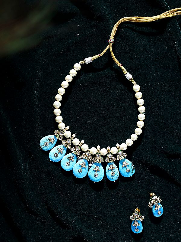 Turquoise Lacquer Stone Drop Necklace Set with Pearls and Kundan Detailing