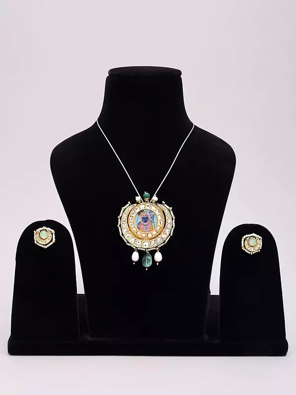 Lord Krishna Kundan Pendant and Earrings Set with Pearl and Gemstone Drops