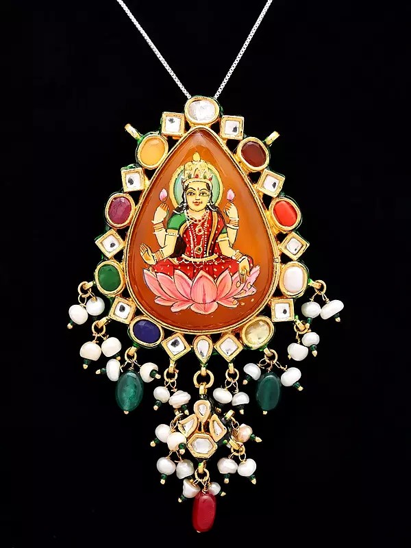 Goddess Lakshmi Navratna Pendant with Kundan Work & Bead Drops