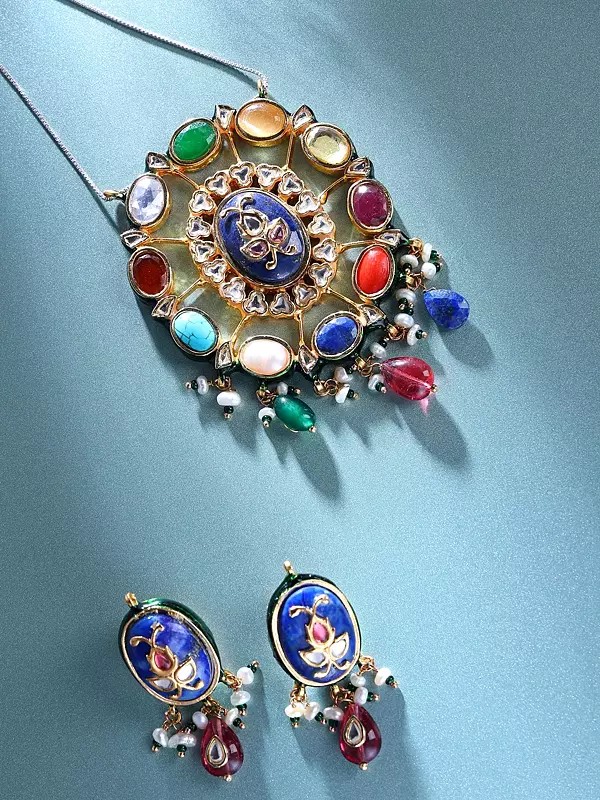 Navratna Stone Pendant and Earrings Set with Oval Cut Gems