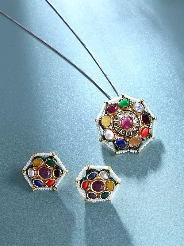 Navratna Pendant and Earrings Set with Kundan Work and Floral Design