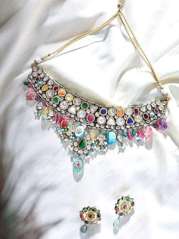 Choker Necklace Set with Navratna Kundan and Multicolor Stone Drops