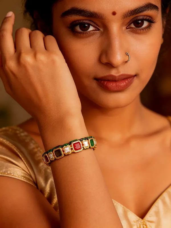 Green Lacquer Kundan Bangle with Navratna Stone Detailing