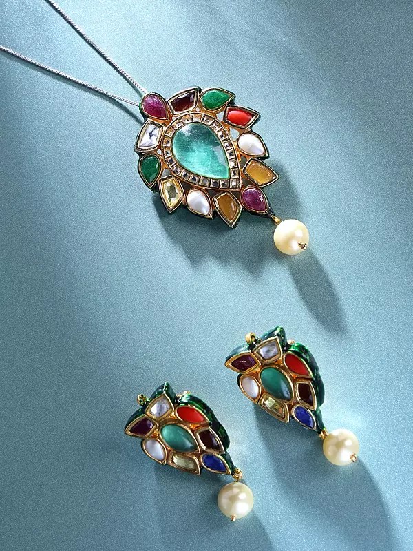 Multi-Gemstone Leaf Design Pendant and Earrings Set with Pearls