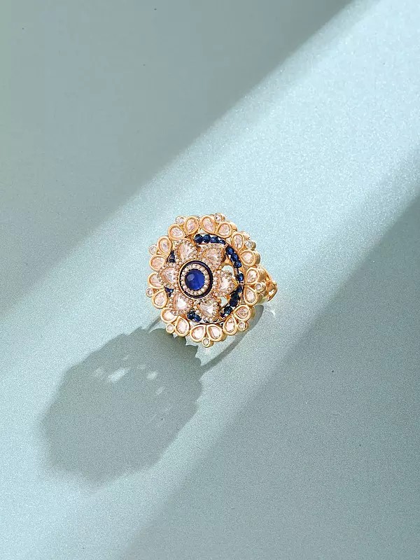 Adjustable Statement Ring with Kundan Floral Design