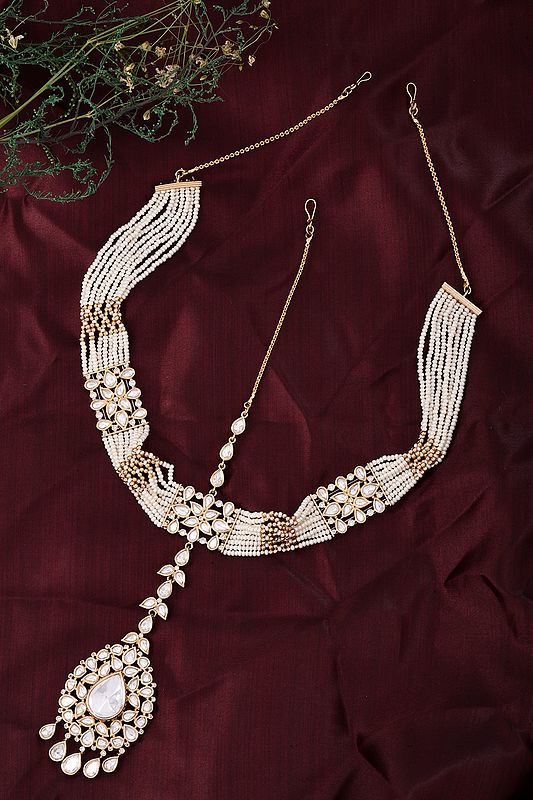 Multi-Strand Pearl Kundan Bridal Matha Patti with Teardrop Maang Tikka