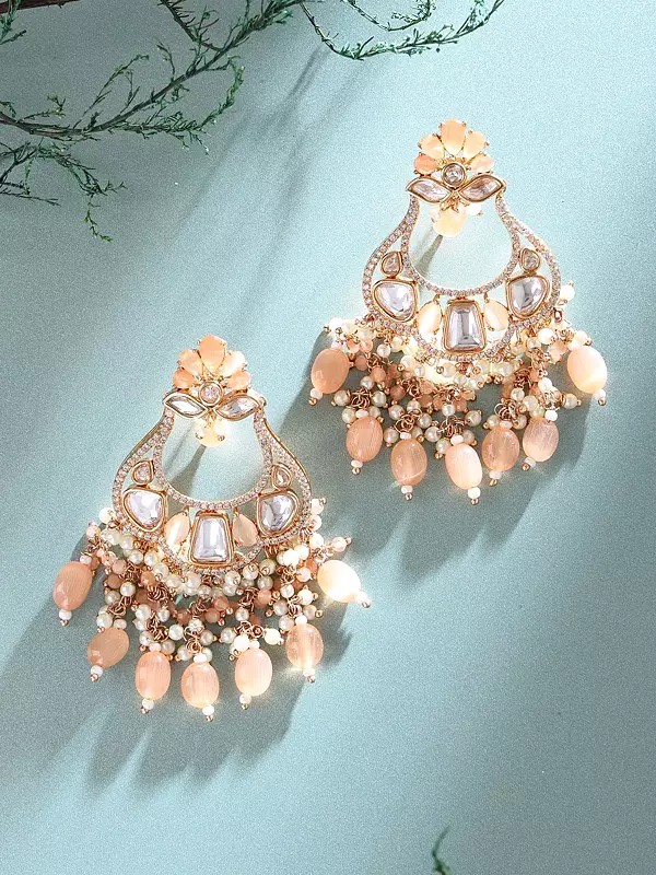 Elegant Chandbali Earrings with Kundan, Peach Stone, and Pearl Accents
