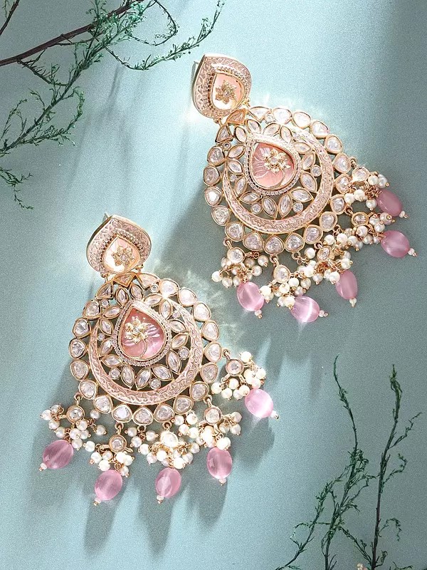Chandbali Earrings with Kundan Stones, Pearl Drops, and Red Beads