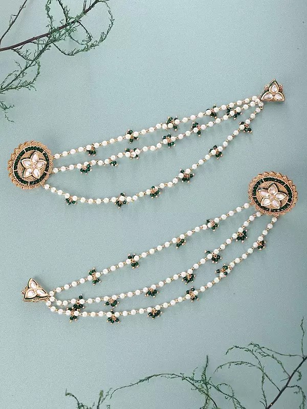 Floral Kundan Stud Earrings with Dual Pearl Ear Chain