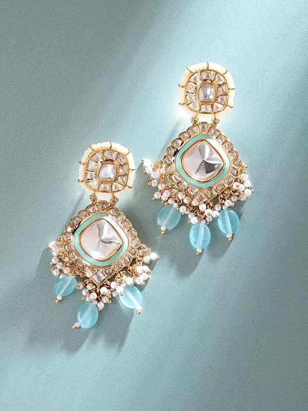 Elegant Kundan Drop Earrings with Pearl and Glass Dangles