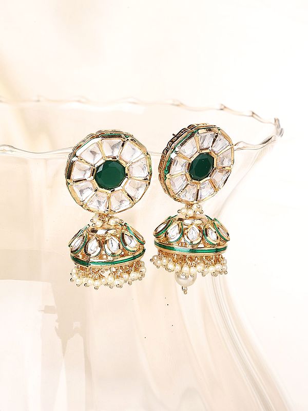 Kundan Stone Studded Jhumka Earrings with Emerald & Bead Drop
