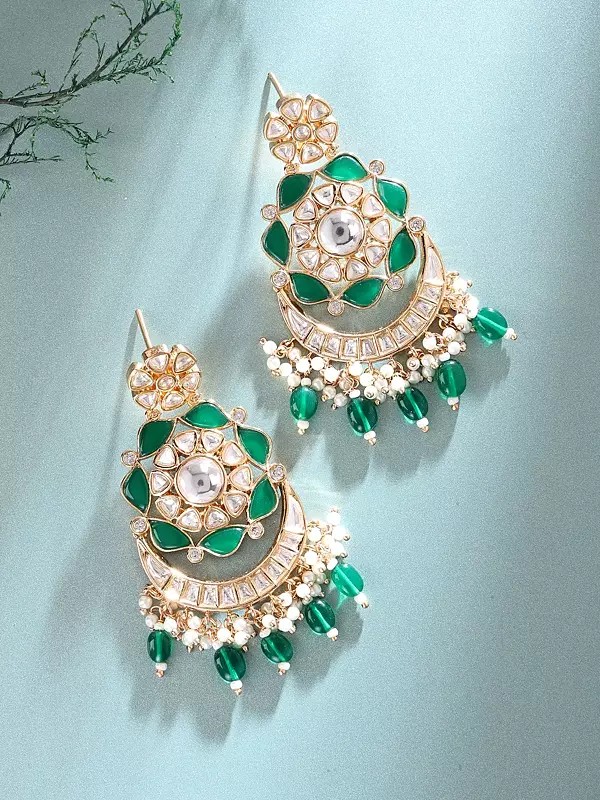 Floral Design Kundan Chandbali Earrings with Green Stones