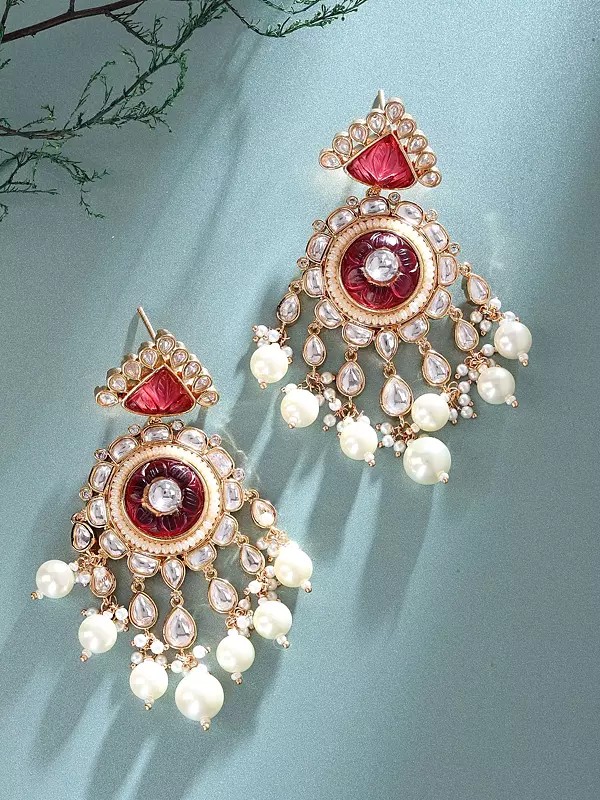 Floral Design Kundan Stone Studded Pearl Drop Earrings