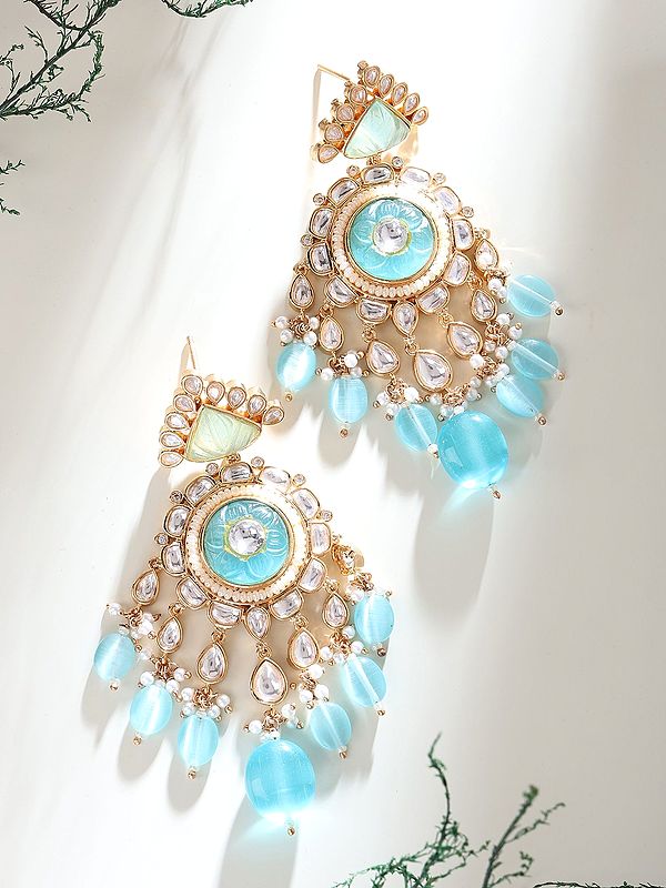 Statement Kundan Earrings with Cascading Blue Beads
