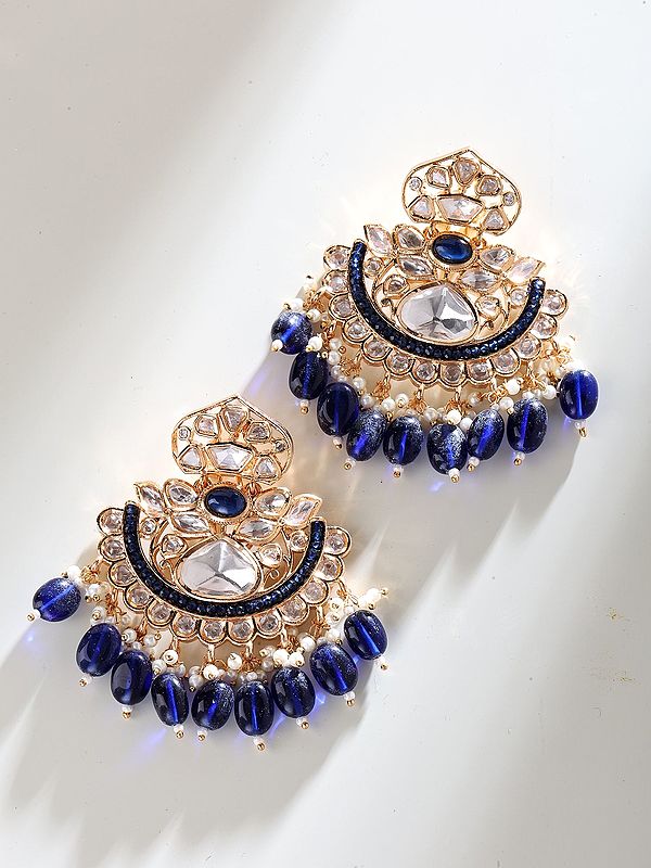 Floral Design Kundan Chandbali Earrings with Pearl Drops
