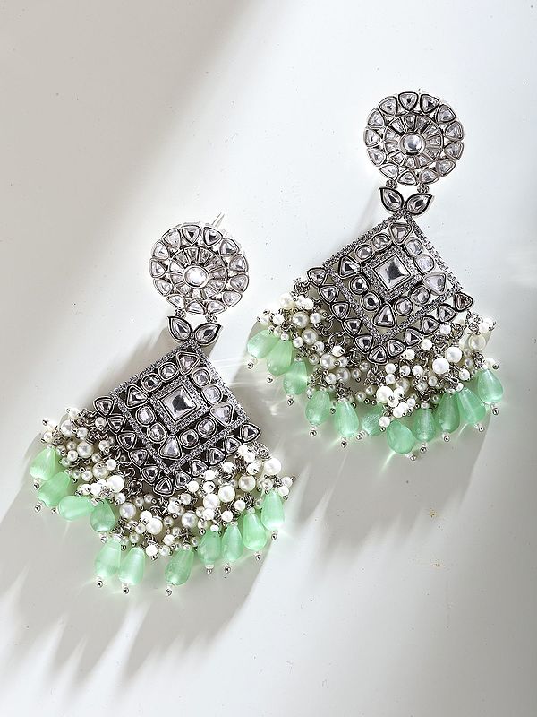 Statement Kundan Dangle Earrings with Geometric Design & Pearl Accents