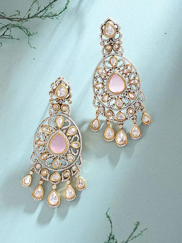 Teardrop Pink Stone Kundan Bridal Chandelier Earrings