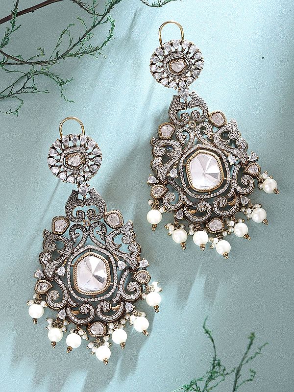 Antique Gold Finish Kundan Chandelier Earrings with Pearl Drops