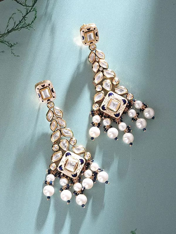 Long Bead Drop Kundan Stone Studded Bridal Dangler Earrings with Pearl Clusters