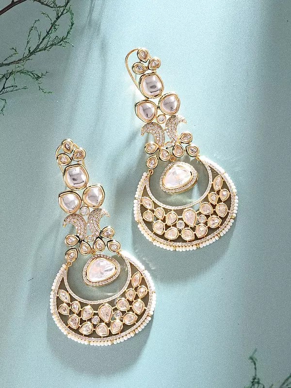Bridal Chandbali Earrings with Kundan Stones and Pearl Trim