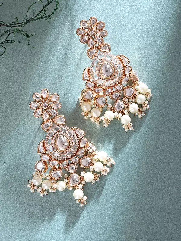 Floral Kundan Stone Studded Bridal Chandelier Earrings with Pearl Drops