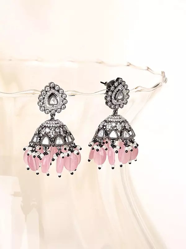 Elegant Kundan Stone Studded Jhumka Earrings with Bead & Pearl Accents