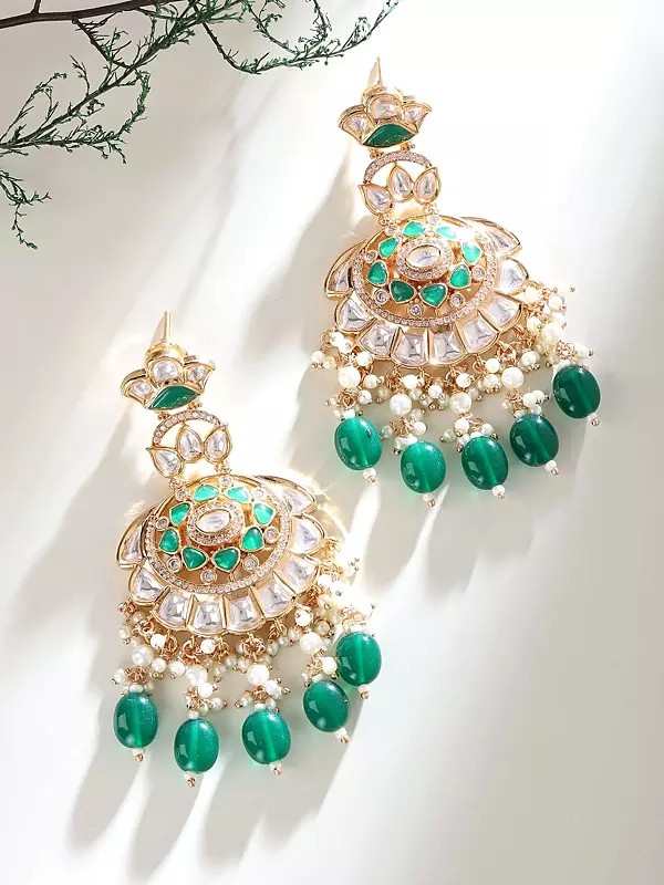 Elegant Kundan Chandbali Earrings with Pearl and Green Bead Dangles