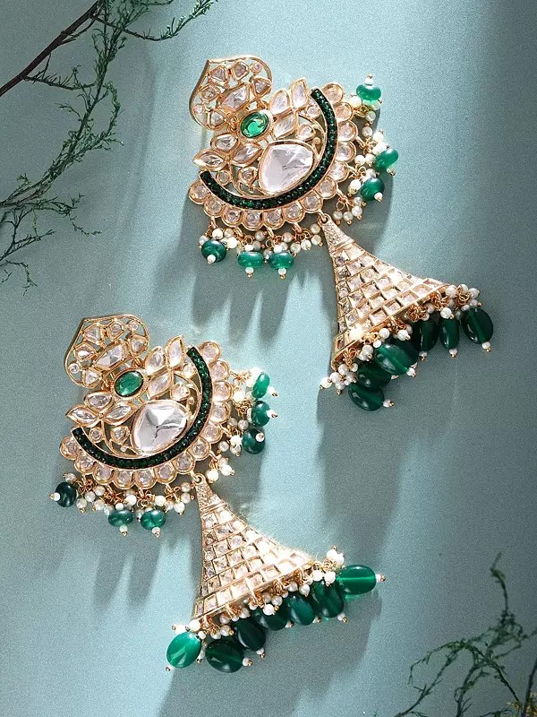 Bridal Chandbali Jhumka Earrings with Kundan Stones and Emerald Bead Drops