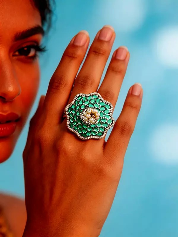 Flower Design American-Diamond Stone Studded Adjustable Ring with Pearl
