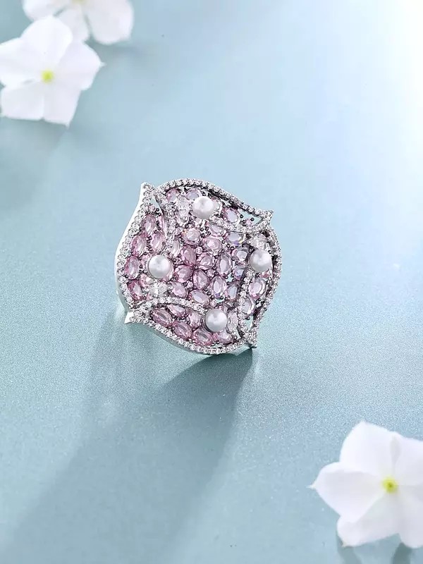 Pink American-Diamond Stone Studded Adjustable Ring with Pearl Detailing