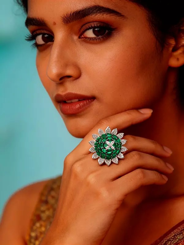 Sunburst Floral Design American-Diamond Stone Studded Adjustable Ring