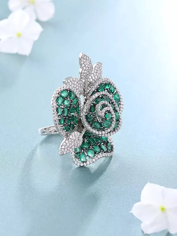 Elegant Twisted Floral American-Diamond Stone Studded Adjustable Ring
