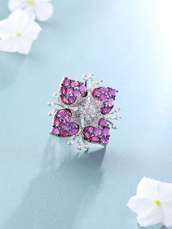 Blossom Floral American-Diamond Stone Studded Adjustable Ring