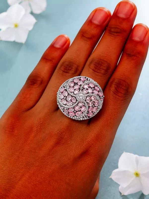 Swirling Petal Design American Diamond Studded Adjustable Statement Ring