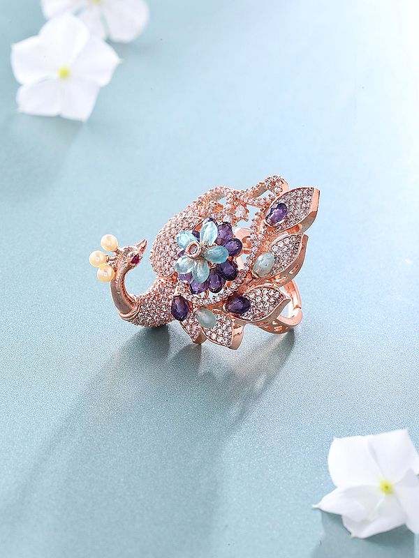 Peacock Design American-Diamond with Blooming Floral Center Adjustable Ring