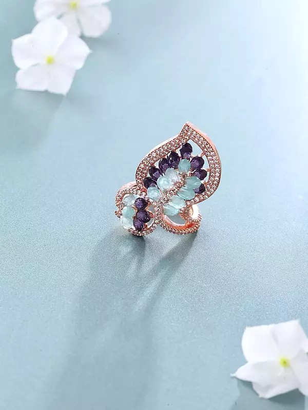 Leaf Design American-Diamond Adjustable Ring with Blue and Violet Stone