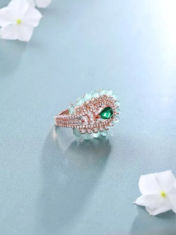 Peacock Feather Inspired American Diamond Studded Adjustable Statement Ring