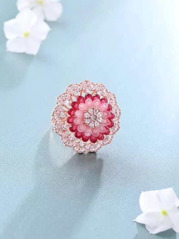 Concentric Floral Cluster American-Diamond Stone Studded Adjustable Ring