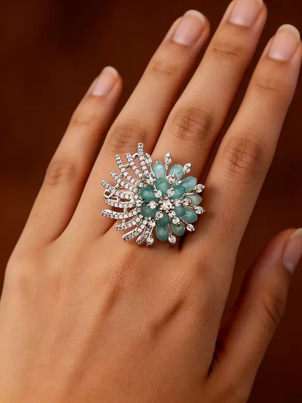Floral Burst Design Stone Studded American-Diamond Adjustable Ring