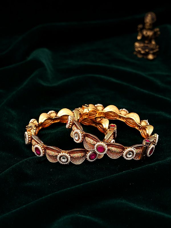 Openable Bangle Set with Meenakari Work, Pearls, and Kundan Stones