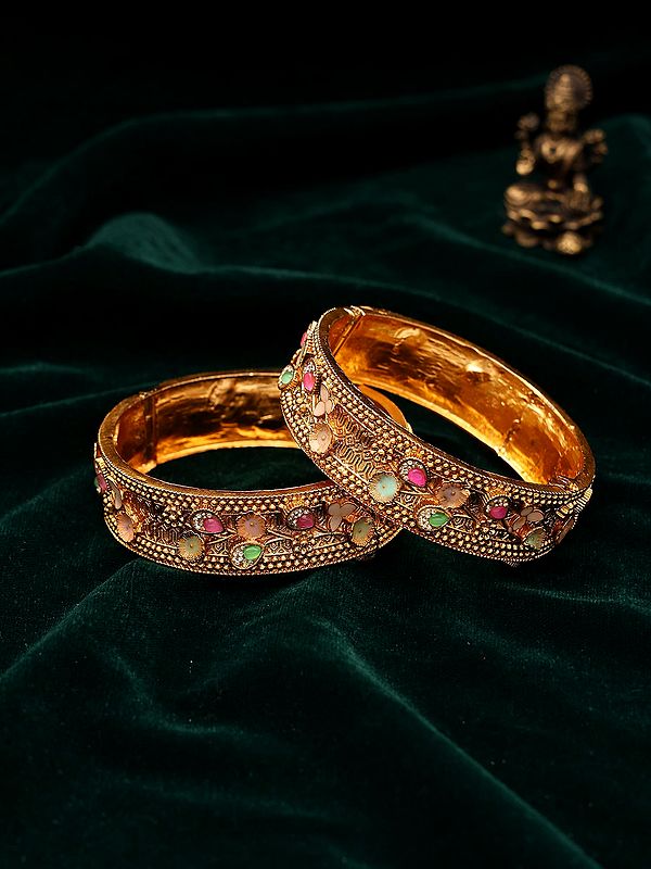 Openable Kada Bangle Set: Floral Meenakari Design with Multicolor Stones (Pair)