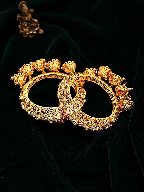 Designer Openable Bridal Bangles (Pair) with Polki Stones and Jhumka Drop