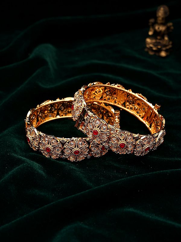 Openable Kada Bangles with Floral Design and Stone Studs