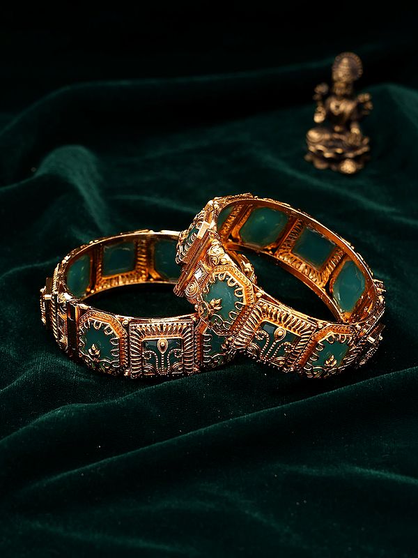 Ornate Green Kundan Openable Kada Bangles - Set of Two
