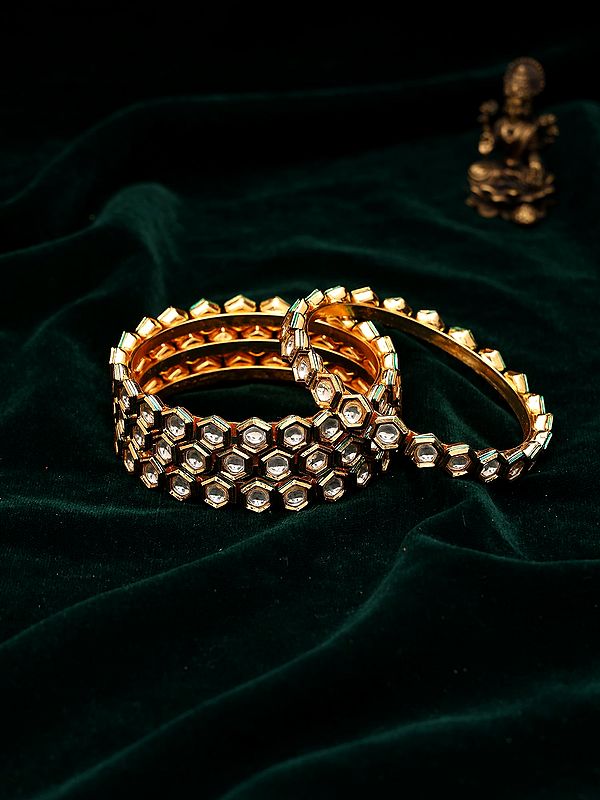 Set of 4 Honeycomb Polki Stone Studded Bangles
