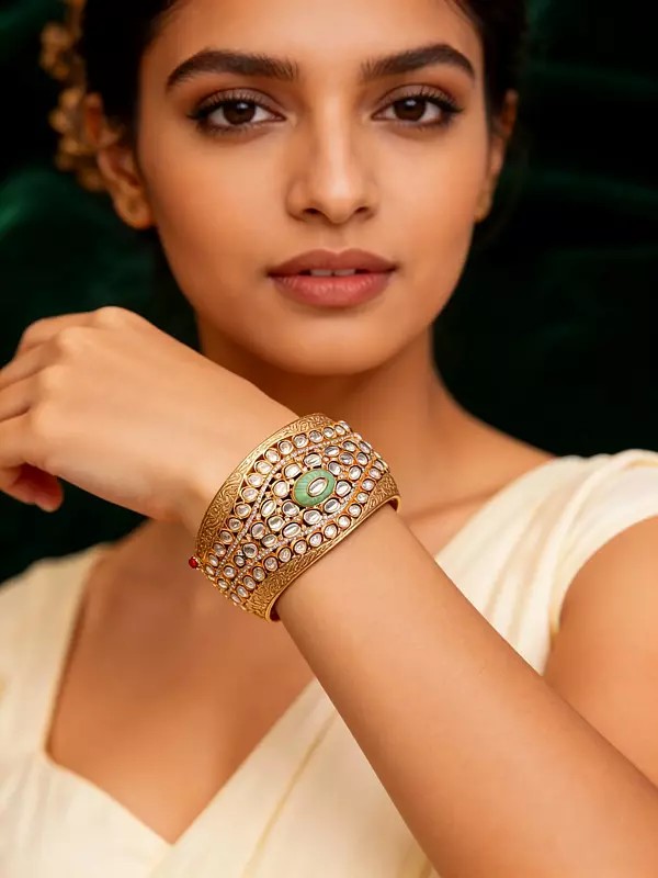 Openable Kada Bangle: Kundan, Polki, and Gemstone Embellishments