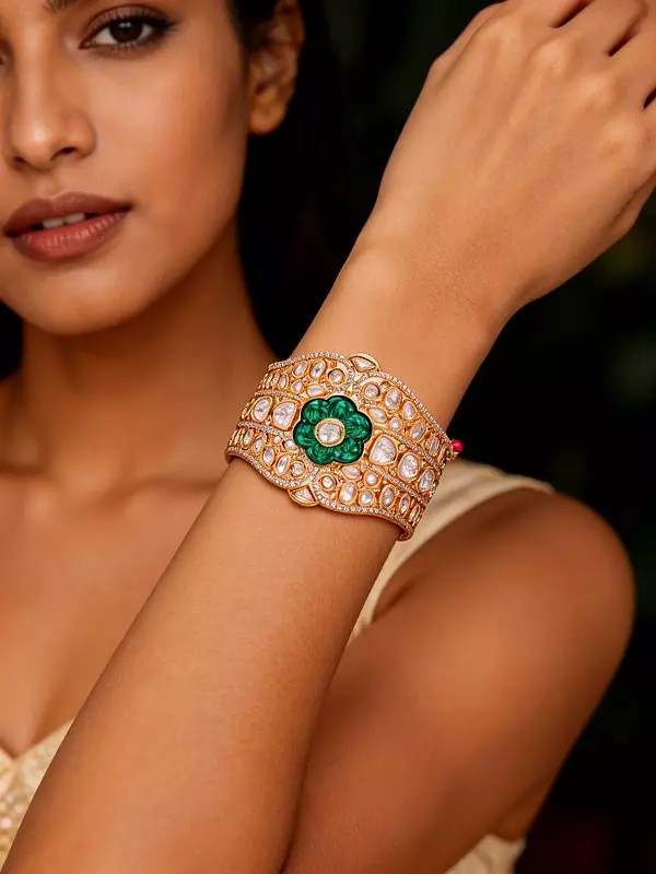 Floral Design Polki Stone Studded Openable Cuff Bangle