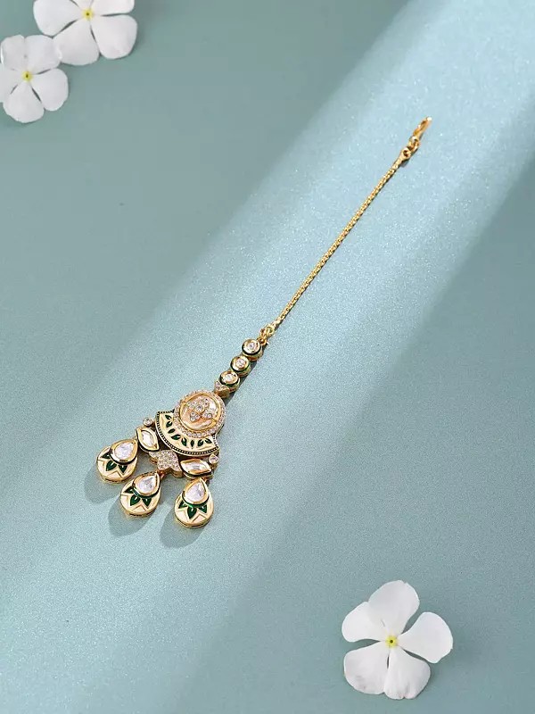 Teardrop Dangling Maang Tikka with Meenakari Stone Studs